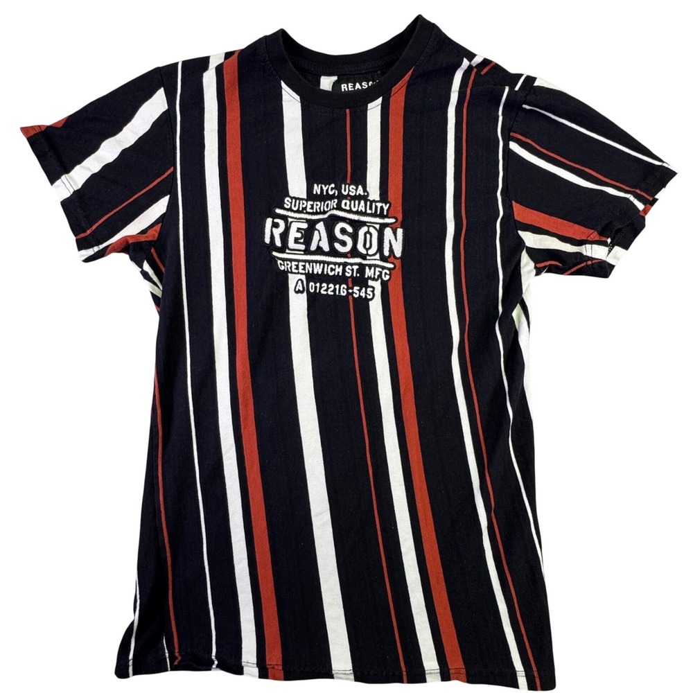 Reason Clothing Mens Striped Graphic T-Shirt Black Red White NYC Embroidered M